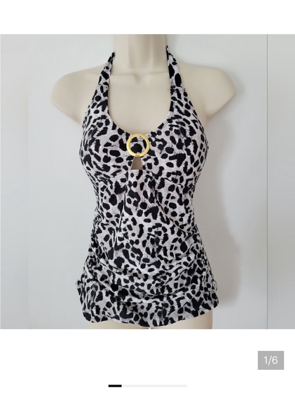 Jones New York Black and White Leopard Halter Tankini with Gold Ring